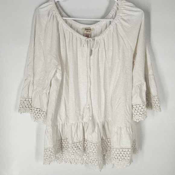 Sundance Sz L Lace Trim Top Peasant Boho Cottage Flowy Natural Coastal Cowgirl - Picture 2 of 11
